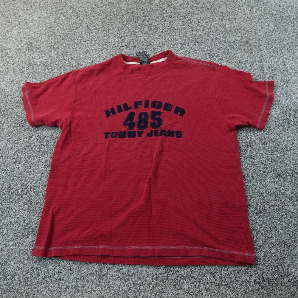 VTG Tommy Hilfiger Shirt Mens L Red Waffle Knit Thermal Short Sleeve Logo 90s
